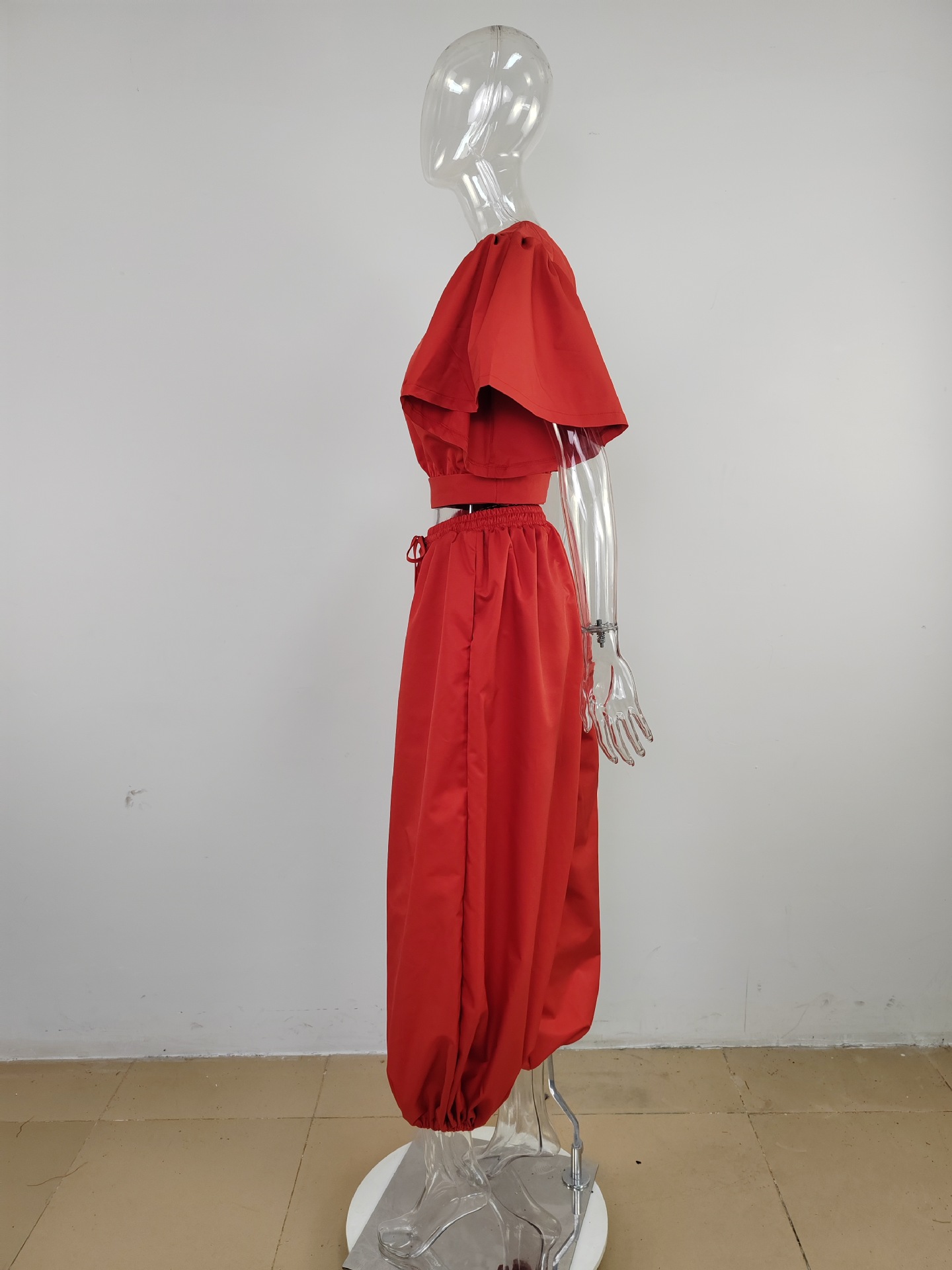 Women Lantern Cropped Top Pocket Trousers Set