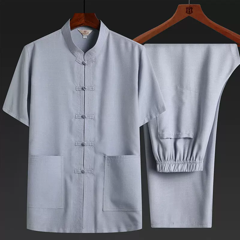 唐装男士中老年人汉服中国风短袖衬衫休闲套装爷爷夏季复古爸爸装