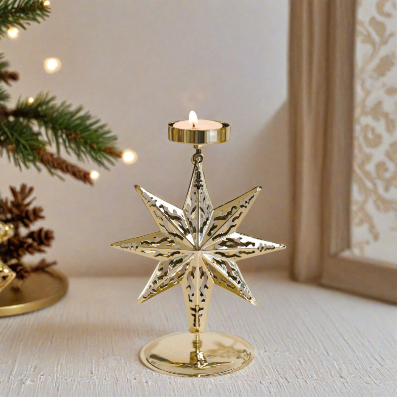 クリスマスメタルキャンドルホルダースノーフレーク五芒星クリスマスツリー装飾ゴールデンアイアンデスクトップキャンドルホルダー装飾品|undefined