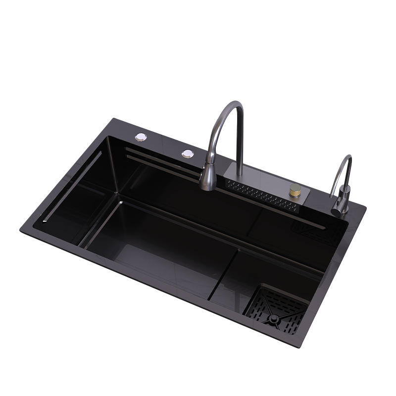 Cocina doméstica fregadero de acero inoxidable espesado mano gran tanque único nano negro lavavajillas lavavajillas tipo cascada