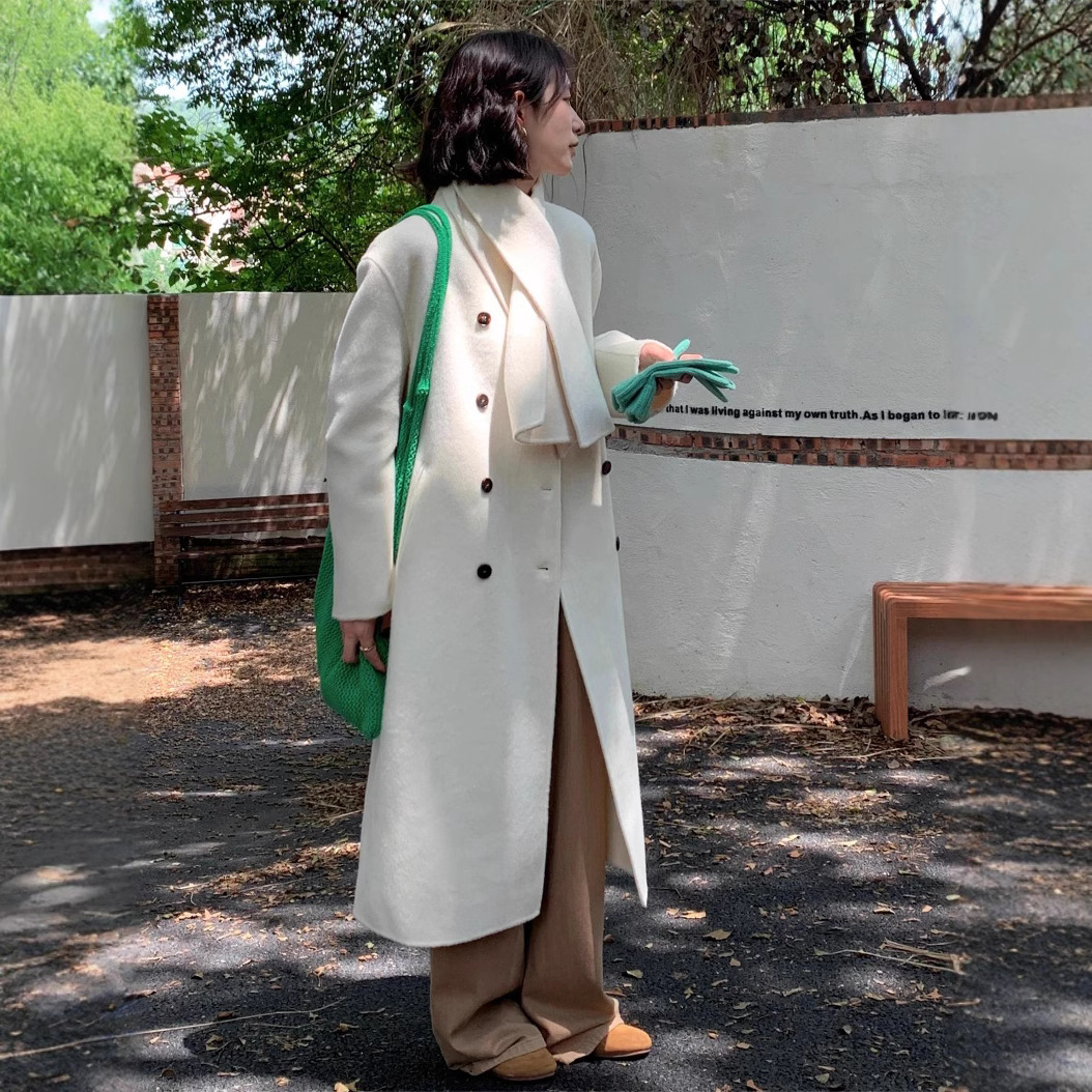 6120韩版高端淑女慵懒风围巾领羊绒大衣气质双面手缝毛呢外套