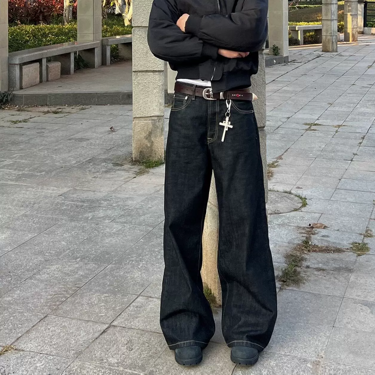 丹宁原色牛仔裤男直筒宽松美式高街裤子潮牌痞帅cleanfit微喇长裤