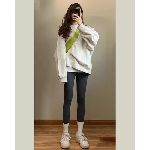 Gray right shoulder round neck hooded sweatshirt for women spring and autumn petite mid-length loose oversize heavy top