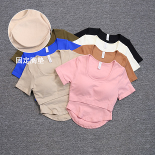 One-Cup Chest Pad, Breathable, Sweat-Wicking, Tight-Fitting Fitness Short-Sleeved Sports T-Shirt Top, Yoga Wear, Running Training
