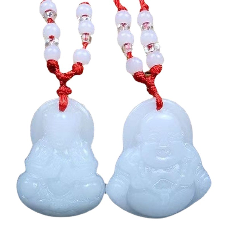 Yiwu small jewelry wholesale imitation Jade Buddha pendant white glass Guanyin Maitreya red rope necklace couple jewelry