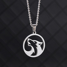 欧美嘻哈个性复古不锈钢切割圆形镂空狼头吊坠项链 男女钛钢项链