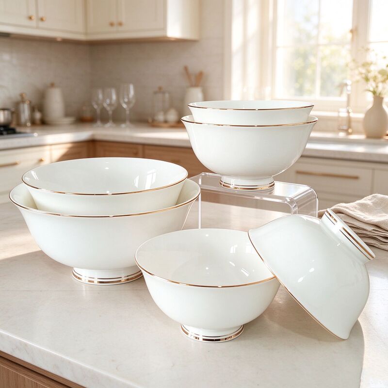 Ceramic Anti-Scalding Gold-Rimmed White Eating Noodle Soup Tall Bowl Tableware Home Hotel Business Gift Bone China Bowl Set Ceramic Anti-Scalding Gold-Rimmed White Eating Noodle Soup Tall Bowl Tableware Home Hotel Business Gift Bone China Bowl Set