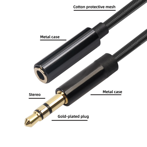 Gold-plated head metal shell braided network cable mobile phone headset stereo 3.5mm male to female extension cable 3 sections