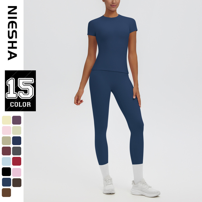 In stock: European and American style nude-feel solid color sports T-shirt top, short-sleeved shirt, long pants, running fitness pants, yoga outfit set