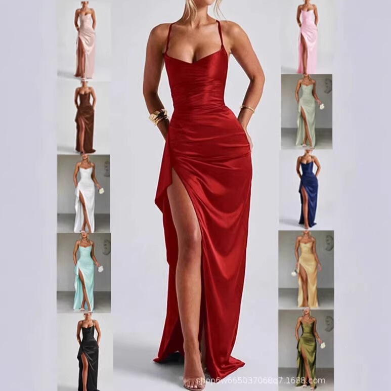 Amazon 2026 European and American Summer New Elegant and Fashionable Solid Color Long Dress with Shoulder Straps and Slit for Women Amazon 2026 European and American Summer New Elegant and Fashionable Solid Color Long Dress with Shoulder Straps and Slit for Women