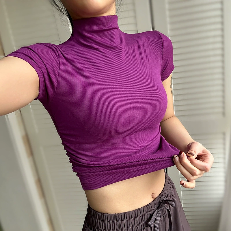 Спортивная полуводолазка для девочек, плиссированная футболка для фитнеса с короткими рукавами, женская тонкая эластичная быстросохнущая верхняя одежда для йоги, летняя одежда