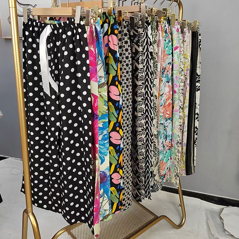 Pijama de seda de algodón para mujer, pantalones anchos de mujer embarazada de seda de algodón con estampado fino de verano