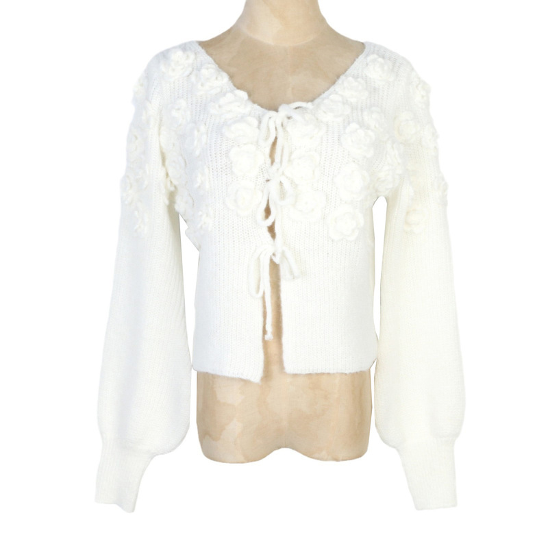 French Style Lazy Gentle Style Handmade Crochet Sweater Women's Autumn and Winter New Style Chic Short V-Neck Sweater Top