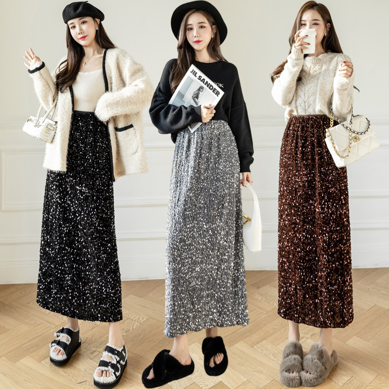 Velvet Sequin Skirt Women's Spring New Style Elastic Waist Sparkling Mid-Length Slit A-Line Hip Skirt Real Shot Velvet Sequin Skirt Women's Spring New Style Elastic Waist Sparkling Mid-Length Slit A-Line Hip Skirt Real Shot