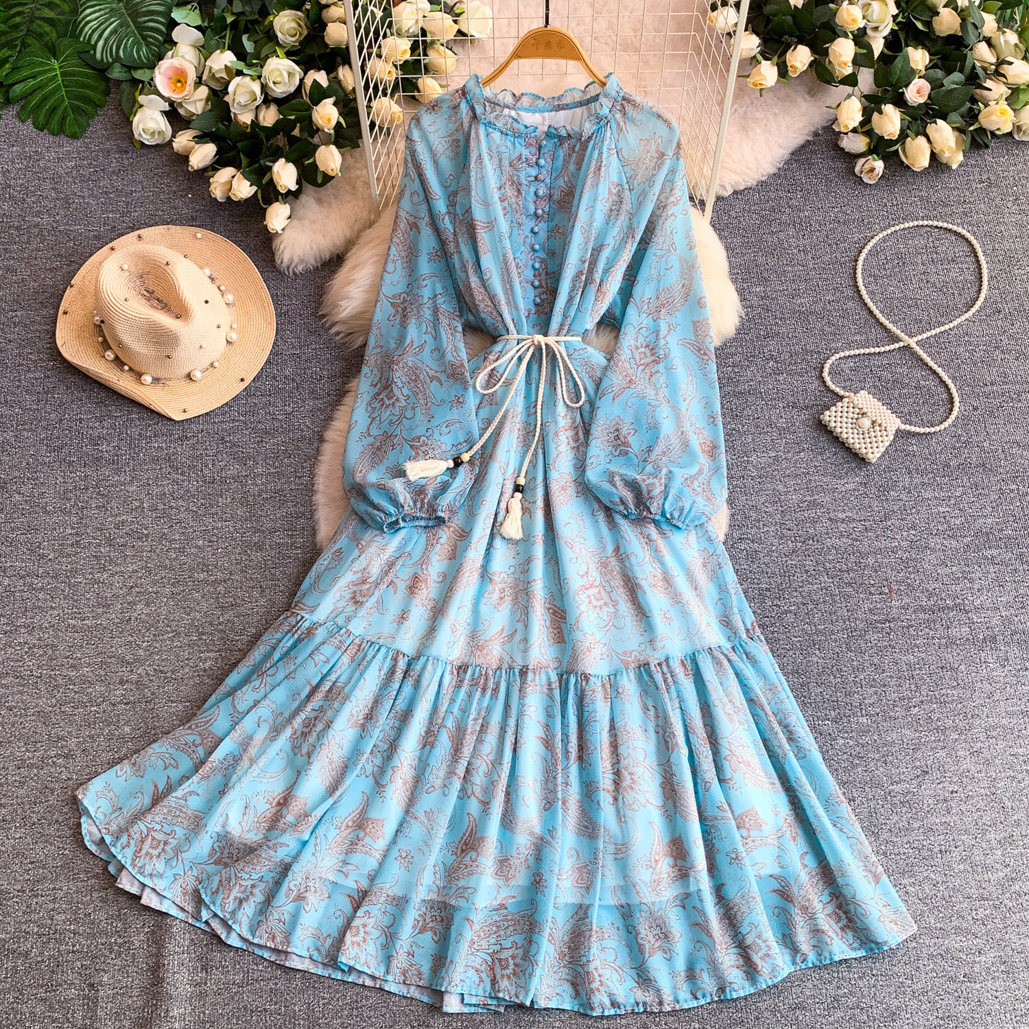 Elegant French Style Long Sleeve Dress Ruffled Collar Rope Waist Cinching Chiffon Printed Maxi Summer Retro Dress_ecoleips.com