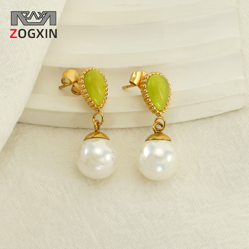 Moda nuevo acero inoxidable francés perla pendientes simple todo fósforo temperamento titanio acero ópalo pendientes en stock mujeres