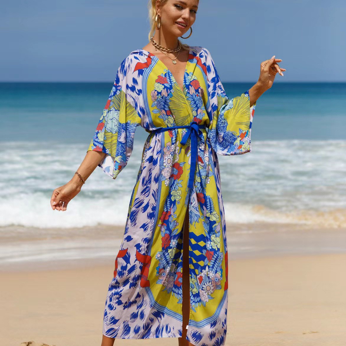 Transfronterizo Amazon nuevo rayón impreso playa kimono playa vacaciones sol protección ropa bikini blusa