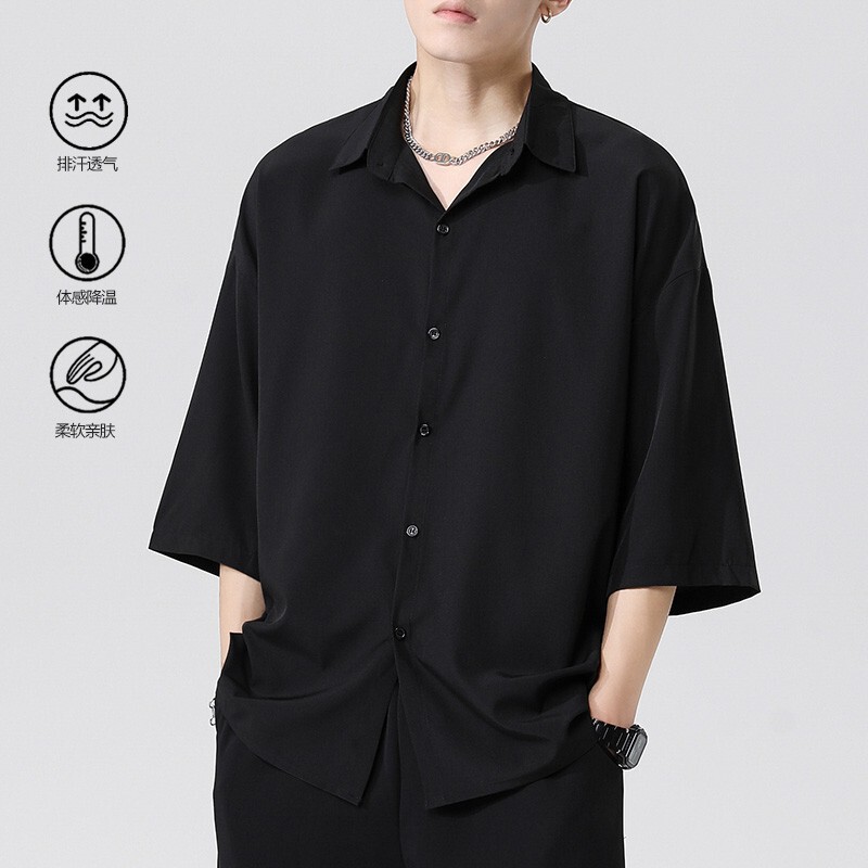 Ice Silk Short-Sleeved Shirt Men's Summer Lightweight Breathable Black Clothes Loose Casual Versatile Three-Quarter Sleeve White Shirt