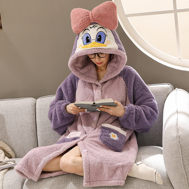 Donald Duck Nightgown Coral Fleece Pajamas Women's Autumn and Winter fleece-lined Thickened Long Nightgown Nightgown Limited-time Special Price