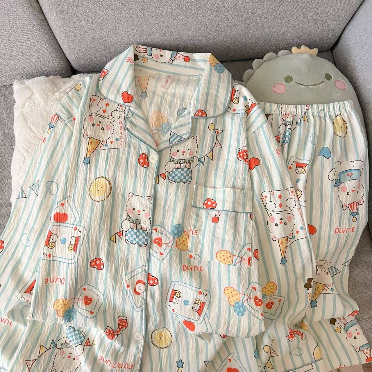 Al por mayor transfronterizo cien pijamas de verano mujeres 2025 nuevas nubes de algodón pantalones de manga larga dibujos animados lindos ropa para el hogar