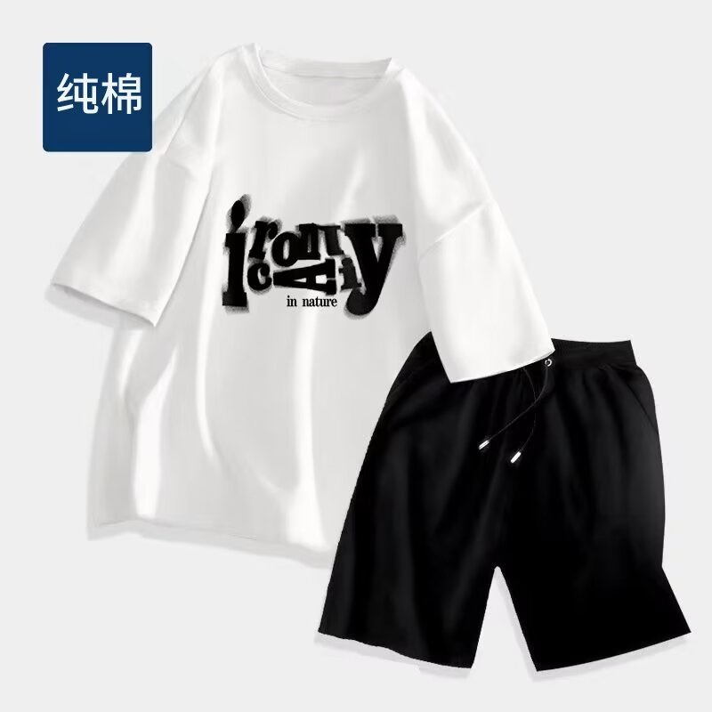 2024 Summer Men's Suit Set: American Retro Print Versatile Short-Sleeve T-Shirt and Simple Sports Shorts Two-Piece Set