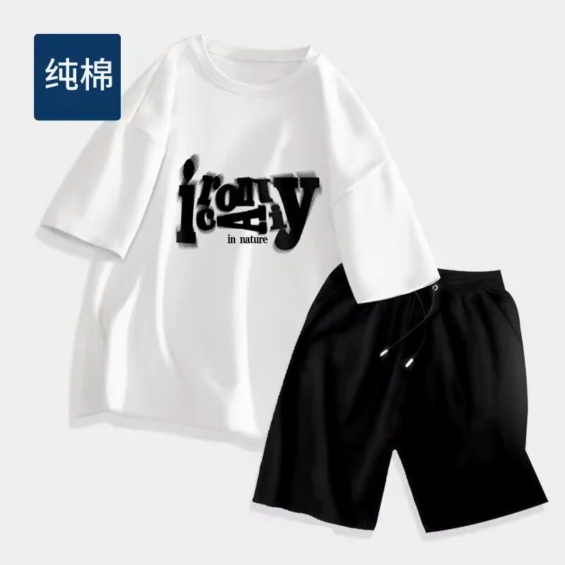 2024 Летний мужской костюм американский ретро принт дикая футболка с короткими рукавами мужской простой спортивный шорты набор из двух частей