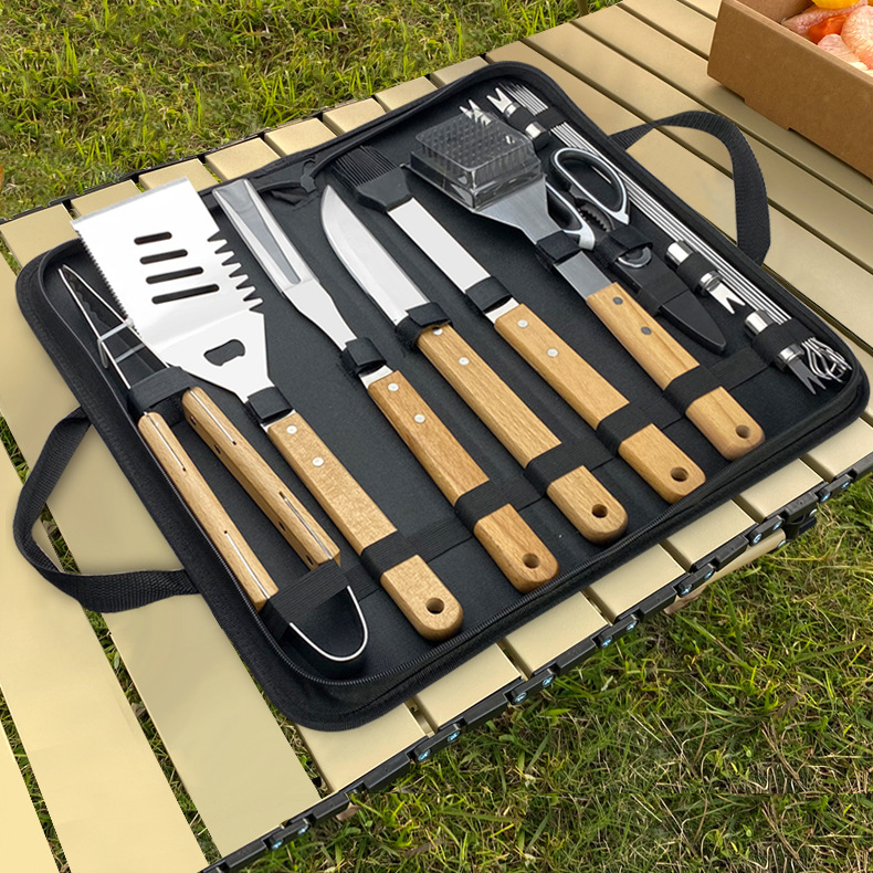 Cross-Border Hot-Selling Stainless Steel Barbecue Tool Set Convenient Bbq Wooden Handle Set Stainless Steel Set Outdoor Barbecue
