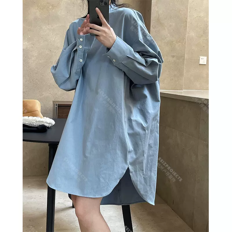 卢浮早春新款韩版解构设计衬衫连衣裙宽松显瘦圆领衬衫裙