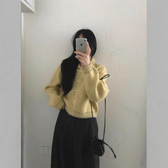 韩版翻领针织开衫女2025秋季新款撞色宽松毛衣外套短款上衣