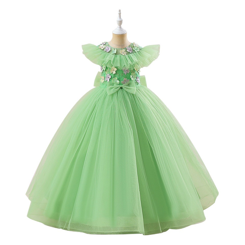 Amazon transfronterizo nuevo vestido de niños medianos y grandes Vestido de princesa malla pequeño bordado manga voladora arco vestido de niña de las flores
