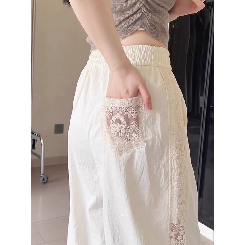 跨境货源慵懒风蕾丝拼接镂空山本裤女夏季休闲高腰垂感奶芙阔腿裤|undefined