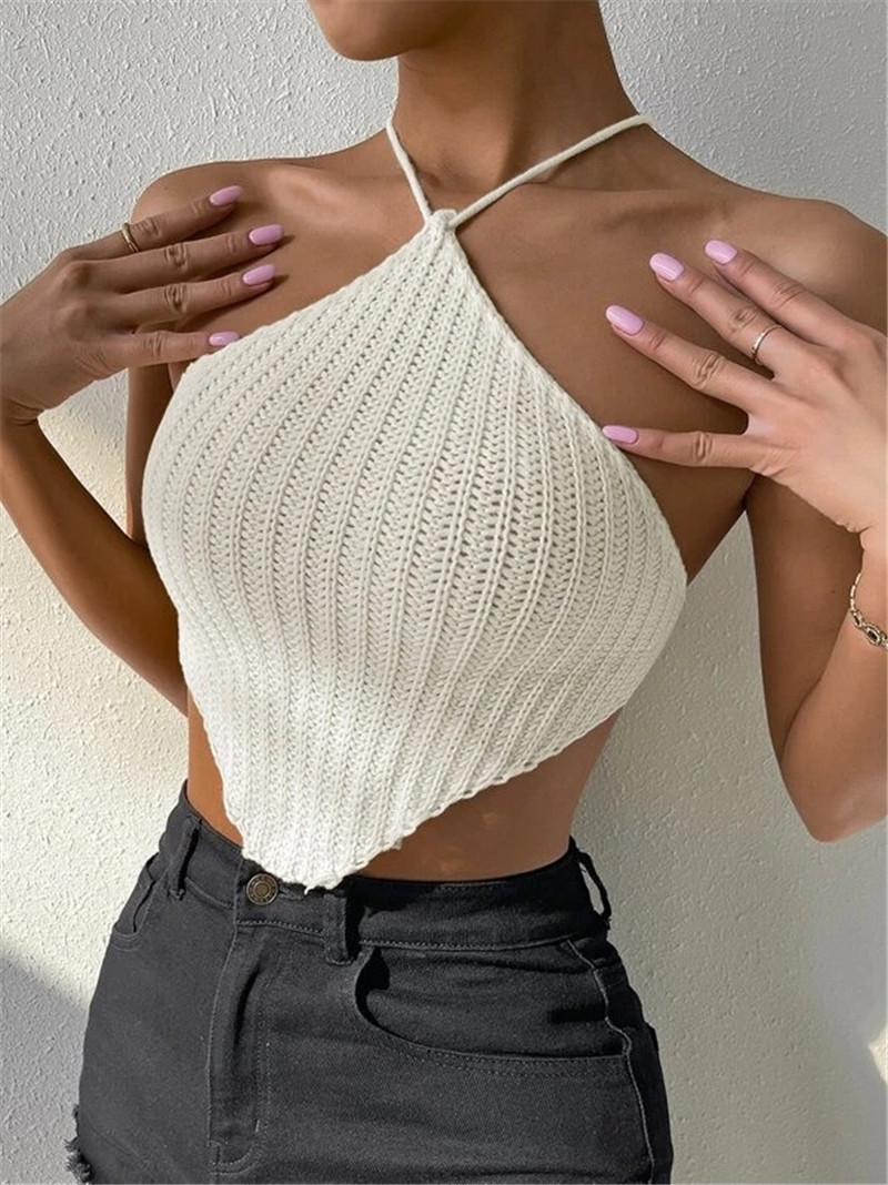 105g Weight Polyester Fabric Type Short Top Length Crop Top Tops Type Holiday, Bar Occasion Halter Neck Neckline Slim Fit Type Solid Color Pattern Summer Season Women's Gender Sexy, Streetwear Style Wholesale Women's Sexy Streetwear Solid Color Tank Tops 4