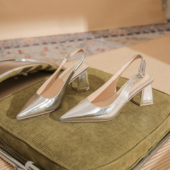 61208【羊皮】尖頭高跟鞋女粗跟2024年夏季新款一字帶包頭涼鞋