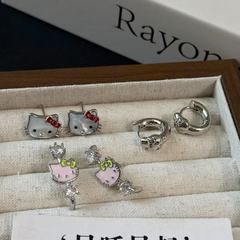 甜美辣妹卡通贝母滴油猫咪蝴蝶结耳钉女小众设计感童趣耳环耳饰潮