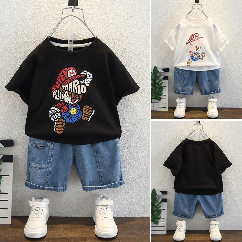 8020 niños pequeños y medianos estilo occidental cuello redondo manga corta T traje verano niño coreano casual de dos piezas chaqueta de media manga