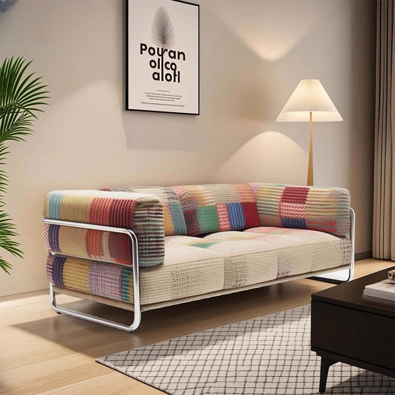 Bauhaus Style Rainbow Sofa, Vintage Designer Sofa, Stainless Steel Dopamine Color Straight Fabric Sofa