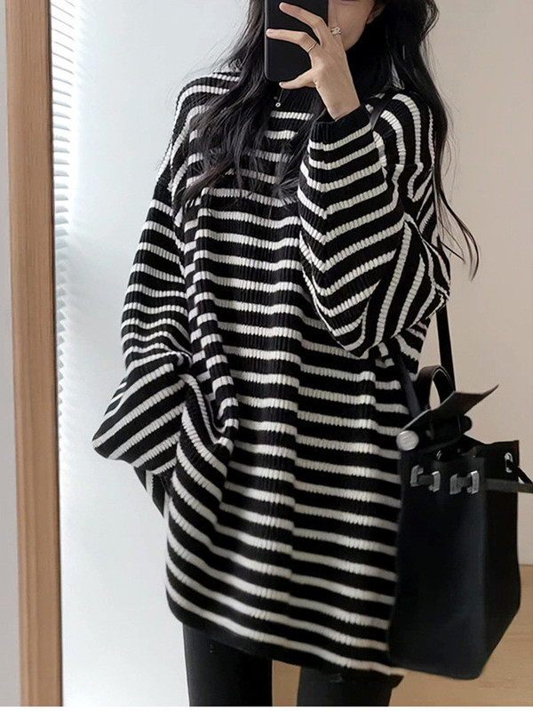 秋冬新款港风宽松大码百搭软糯中长款黑白条纹毛衣女打底衫上衣|undefined