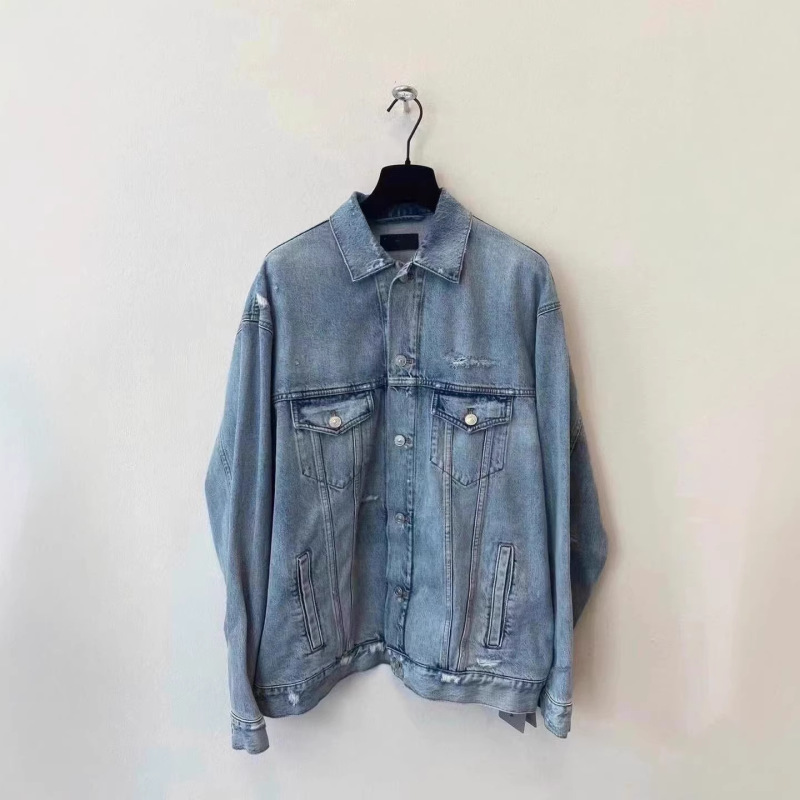Trendy Paris Brand B's Classic Denim Jacket with Back Tear and Waterfall Embroidery, Unisex Couple's Personalized Outerwear