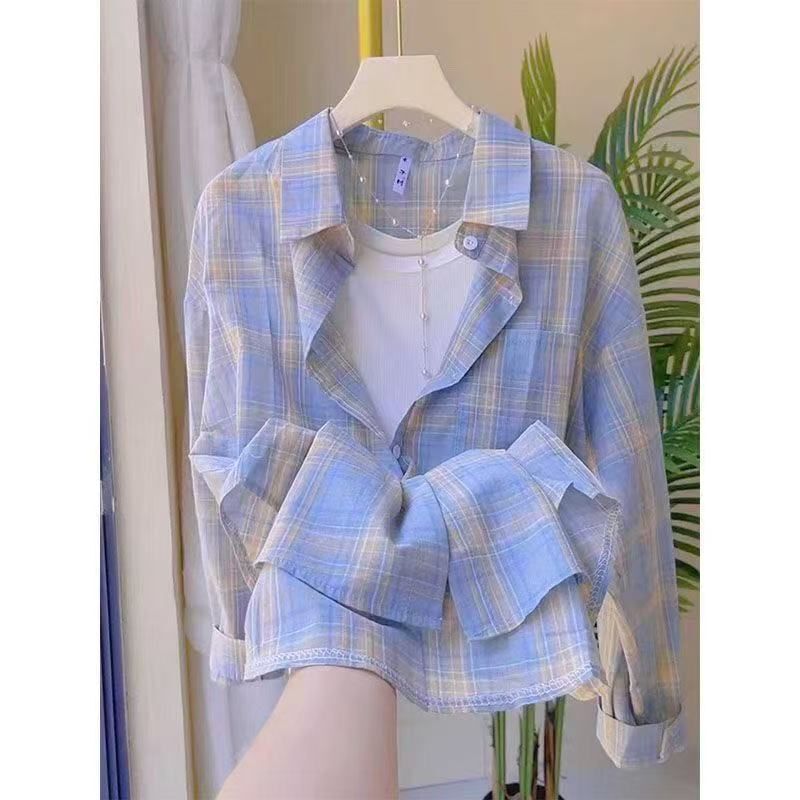 Blue Plaid Shirt for Women 2025 Summer Lazy Style Thin Breathable Jacket with Unique Design Long-Sleeve Top Trendy Blue Plaid Shirt for Women 2025 Summer Lazy Style Thin Breathable Jacket with Unique Design Long-Sleeve Top Trendy