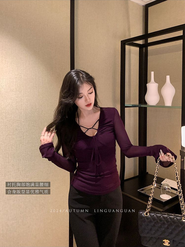 紫色网纱长袖T恤女2025初秋新款御姐风气质绝美修身上衣|undefined
