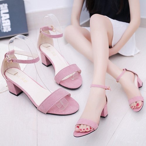 Summer New Women's Heels, Rough Heel, Toe-Show Leather Surface, Sexy One-Buckle Strap Sandals, Roman Sandals, Trendy