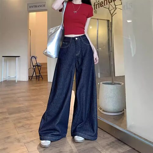 American high street washed denim wide-leg pants for women 2026 spring and autumn high-waist loose straight pants mopping pants trend