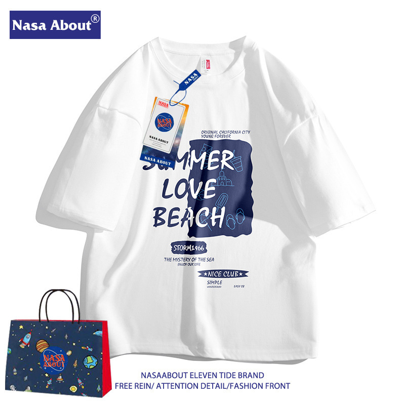 NASA Co-branded Pure Cotton Short-sleeved T-shirt for Men and Women Summer Trendy Brand Pure Cotton Loose Men's Handsome Ice Silk Half-sleeved T-shirt