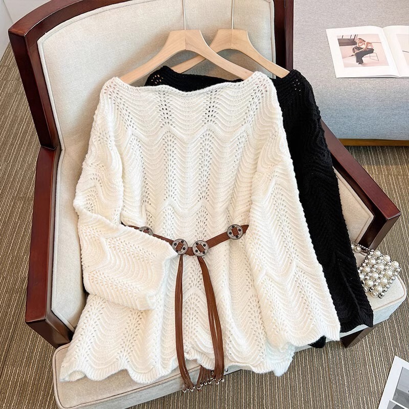 Spring and Autumn Mid-Length Loose-Fitting Off-Shoulder Soft Sweater with Gentle Style and Lace Trim, One-Shoulder Pullover Knitwear for Women Spring and Autumn Mid-Length Loose-Fitting Off-Shoulder Soft Sweater with Gentle Style and Lace Trim, One-Shoulder Pullover Knitwear for Women
