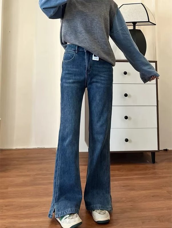 大きいサイズのフォークの小さいラッパのジーパンの女性の春の太ったmmのナシの型の体つきのアメリカの復古のまっすぐな筒の広い足の馬蹄のズボン|undefined