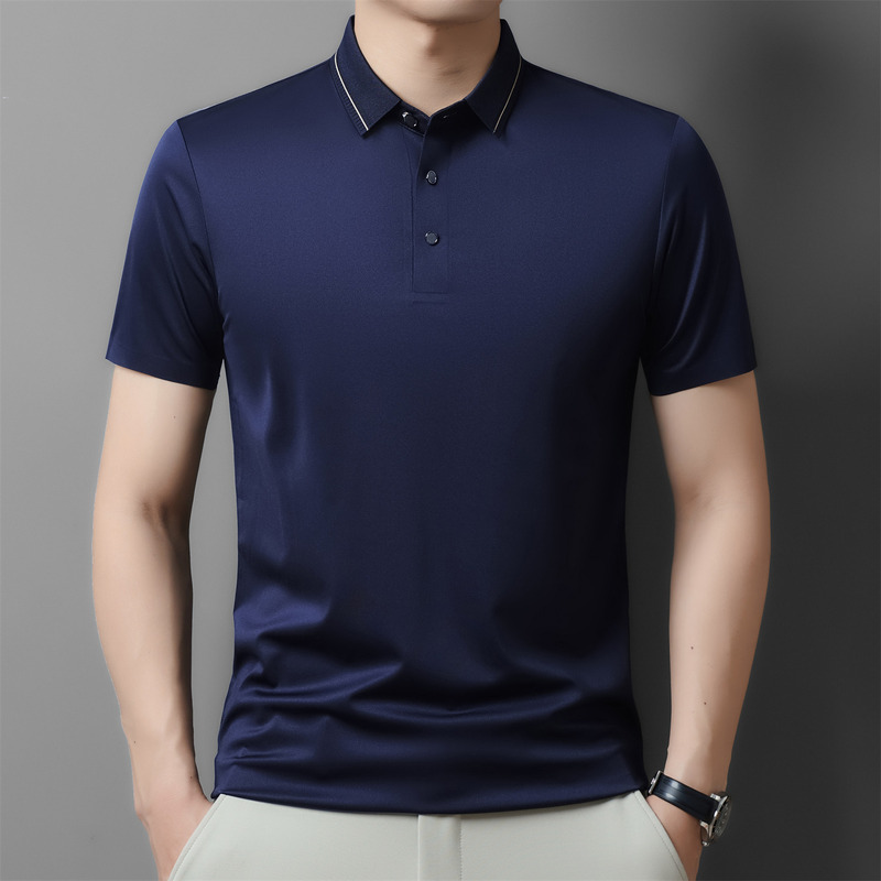 2026 Brand Men's Short-Sleeve Silk T-Shirt, Solid Color, Turn-Down Collar, Casual Loose Fit, Plus Size Polo Shirt