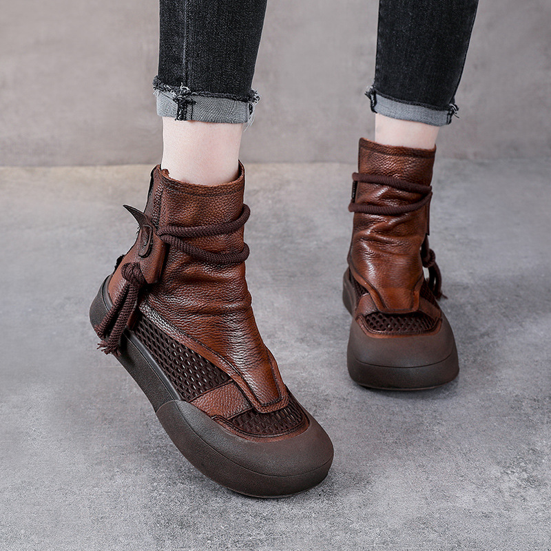 Boot Martin lưới mùa hè da bò thật cổ cao ôm bắp chân — Màu nâu
