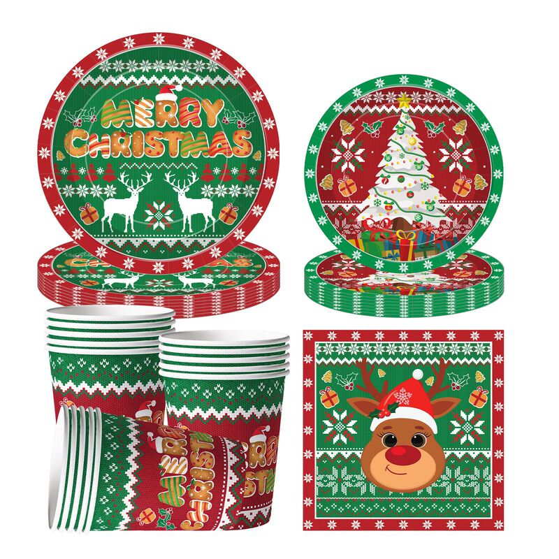 Christmas Disposable Tableware Set Christmas Sweater Style Reindeer Christmas Tree Paper Plates Paper Cups Napkin Set Christmas Disposable Tableware Set Christmas Sweater Style Reindeer Christmas Tree Paper Plates Paper Cups Napkin Set