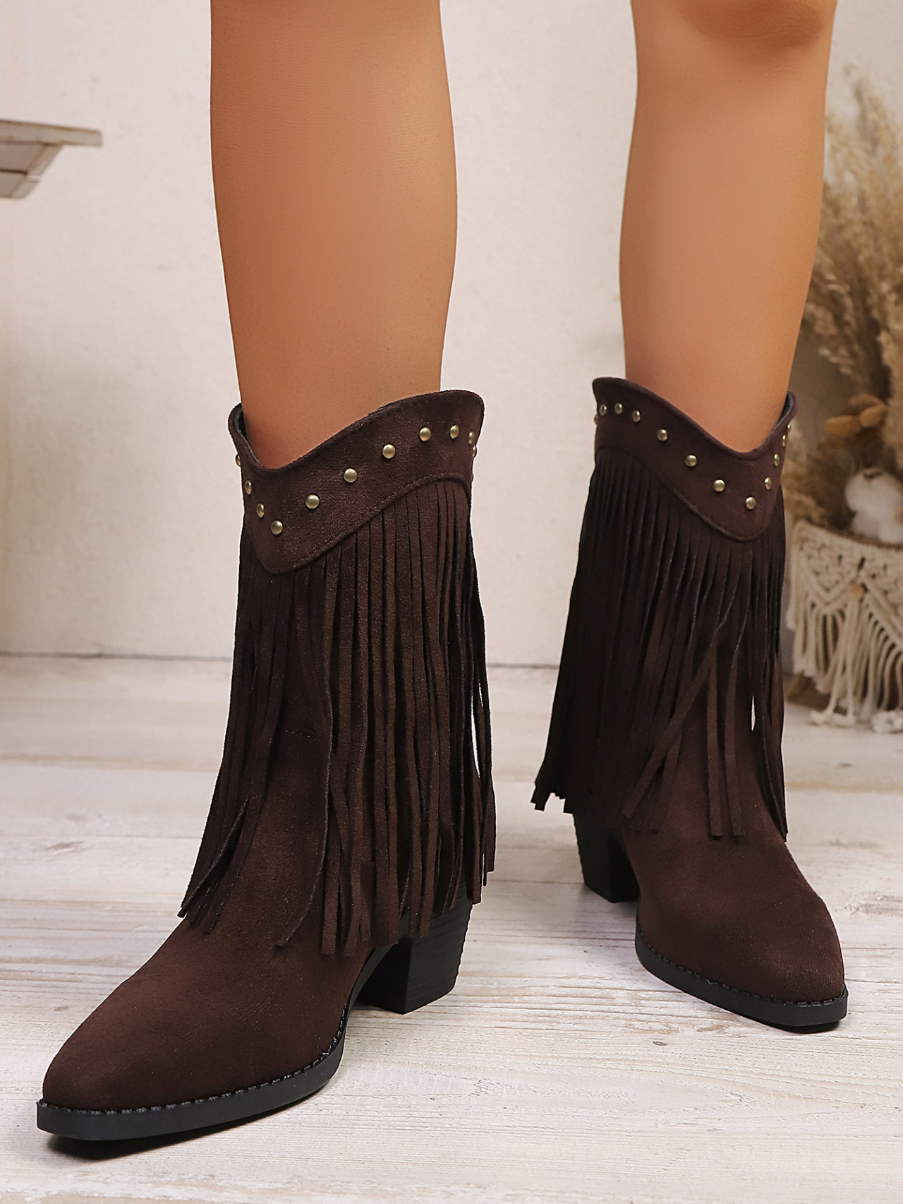 Damen Cowboy Stiefel Aus Wildleder Mit Blockabsatz Und Fransen_voghion.com