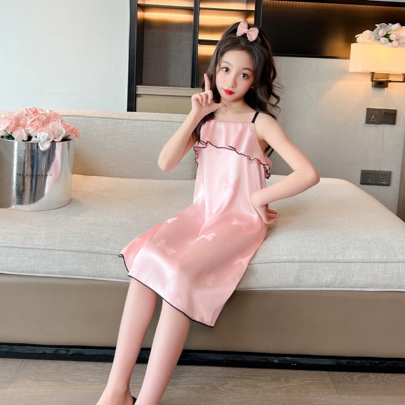 冰絲吊帶蝴蝶結睡裙可愛甜美中大童冰絲吊帶裙2024夏季新品連衣裙